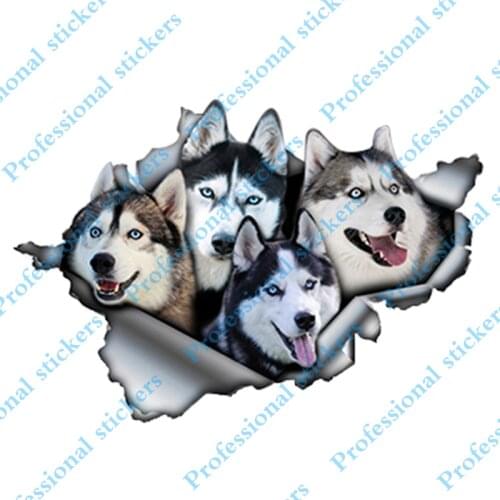 Funny 13cm x 8.9cm Funny Huskies Car Sticker Torn Metal Decal Reflective Stickers Waterproof 3D Car Styling Pet Dog Decals