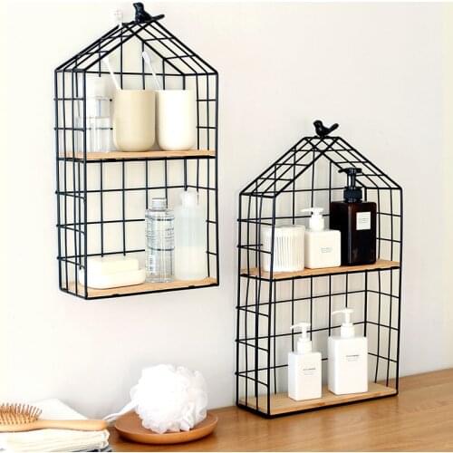 Iron wall shelf wood living room double layer wall decoration storage rack kitchen bathroom cosmetic organizer shelf mx10161342
