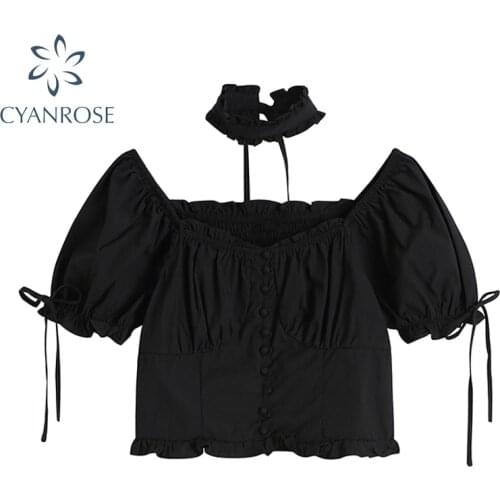 Gothic Style Black Crop Top Shirt Women 2021 Summer Korean Fashion New Sexy Slim Short Sleeve Bandage Blouse Female Clothing