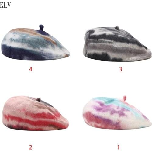 Women Girls Winter Faux Wool Knitted Beret Cap Gradient Colorful Tie-Dye French Style Warm Vintage Painter Beanies Cap