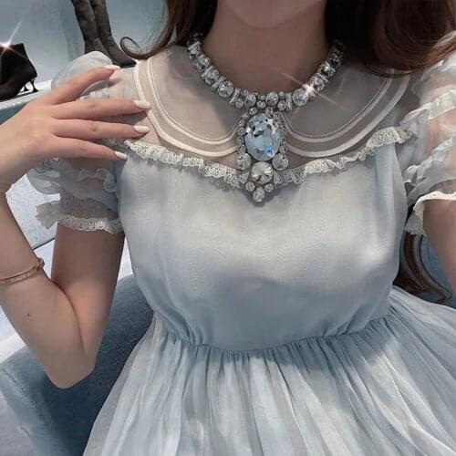 Summer New Sweet Style Ball Gown Dresses Puff Sleeves Luxury Diamonds Beading Blue Color Clothing Dress For Lady Vestido