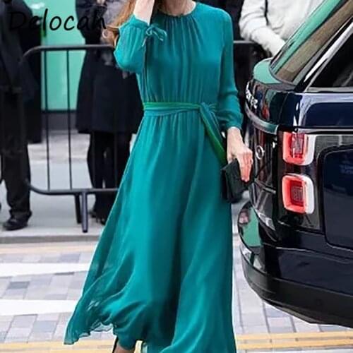 Delocah Women Summer Fashion Runway Party A-Line Dress Bow Sashes Lantern Sleeve Solid Printed Bodycon Ladies Midi Dresses 2021