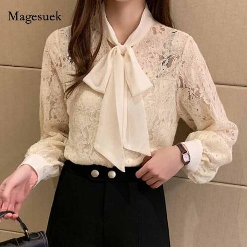 2020 Fashion Korean Bow Tie Lantern Sleeve Female Casual Blouse Women Lace Autumn and Winter Shirt Blusas Mujer De Moda 10566