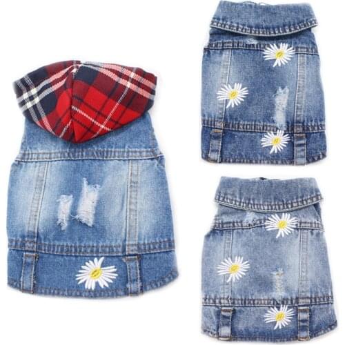 2020 New Daisy Embroidery Chihuahua Clothes for Small Dogs Yorkshire Jeans Vest Plaid Hoodie Denim Jacket Pet Costumes