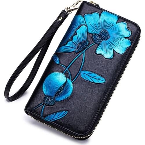 2020 New Fashion Flower Genuine Leather Wallet Women Long Clutch wristlet Bag Coin Mobile Phone Purse Carteira