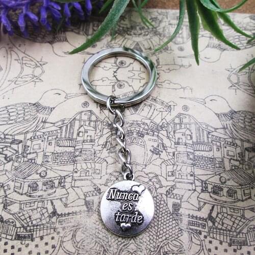 3pcs /lot 18*16mm nunca es tarde(never too late) 28mm Keyring Metal Chain Silver Color Men Car Gift Keychain
