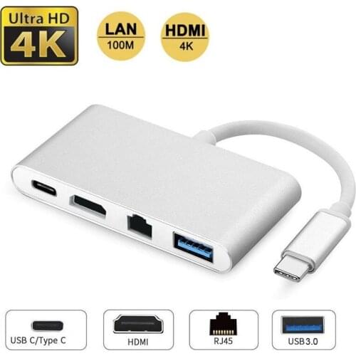 4 in 1 USB-C USB 3.1 Type C to HDMI 4K+ 100M/1000Mbps Gigabit Ethernet Lan RJ45 Cable Adapter +USB 3.0 HUB Video Converter