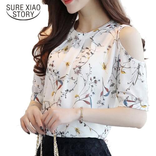 2021 Floral Shirt for Womens Chiffon Print Blusas Elegant Open Shoulder Blouses Women Plus Size Ladies Tops 825C 30