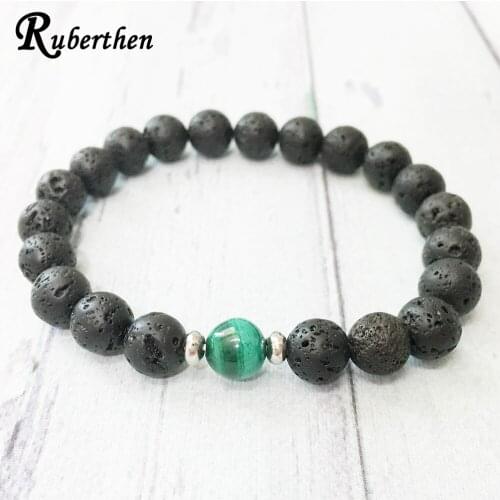 Ruberthen Natural Malachite Bracelet for Men 8 mm Lava Stone Energy Bracelet Third Eye Chakras Jewelry Best Gift for Him