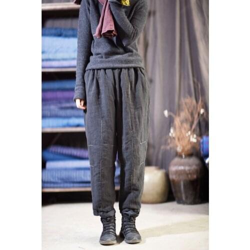Women Loose Patchwork Cotton Linen Padded Pants Ladies Vintage Harem Pants Female Padded Cotton Flax Trousers Winter