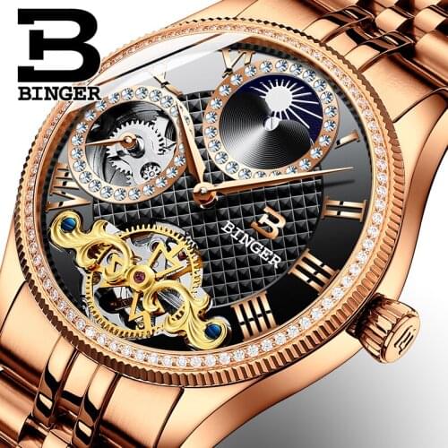 Moon Phase Automatic Wristwatches BINGER Men Mechanical Watch Tourbillon relogio masculino Fashion Rhinestones Business Clock