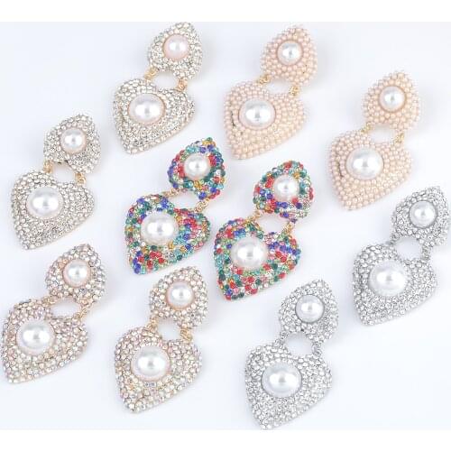 JIJIAWENHUA New Trend Ladies Double Heart-Shaped Imitation Pearl Color Rhinestone Dinner Statement Pop Earrings