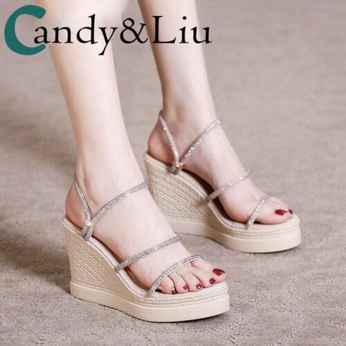 Wedges Sandals Summer 2019 New Womens Slope Fairy Diamond Fashion Thick-soled Bohemian Crystal Sample Easy 9cm Slippers