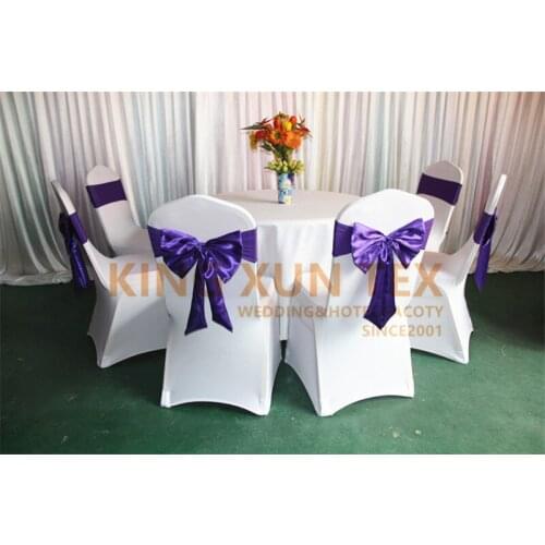 Good Looking White Stretch Lycra Spandex Chair Cover With Lycra Band With Satin Bow Banquet Wedding Event Decoration