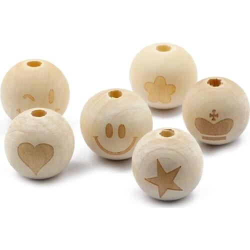 Round Natural Wood Beads 10pcs 20mm Smiling Heart Star Baby Teether Child Teething Wooden Spacer Beading for Jewelry Making DIY