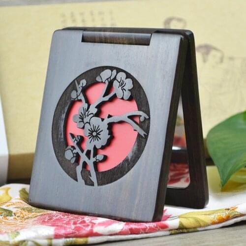 Small mirror portable mirror folding portable desktop single-sided mirror wooden plum blossom hollow out mirror travel