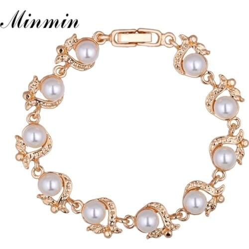 Minmin Elegant Simulated Pearl Bracelets for Women Gold/Silver Color Fashion Jewelry Bracelet Femme Christmas New Year MSL236