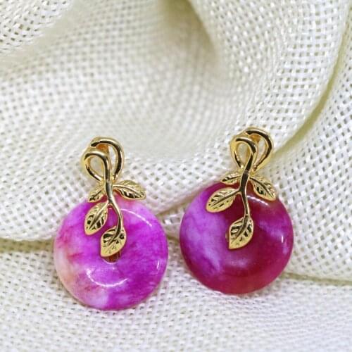 Fashion flat round coin drop pendant rose red stone natural jades chalcedony charms women glod plated jewelry making 18mm B1873