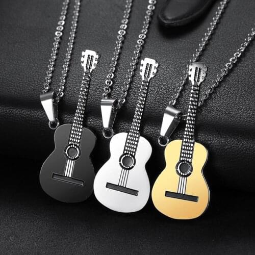 Fashion Punk 316L Stainless Steel Guitar Necklace Mens Hip Hop Party Rock Music Charm Chain Pendant Necklace Jewelry Male Gift