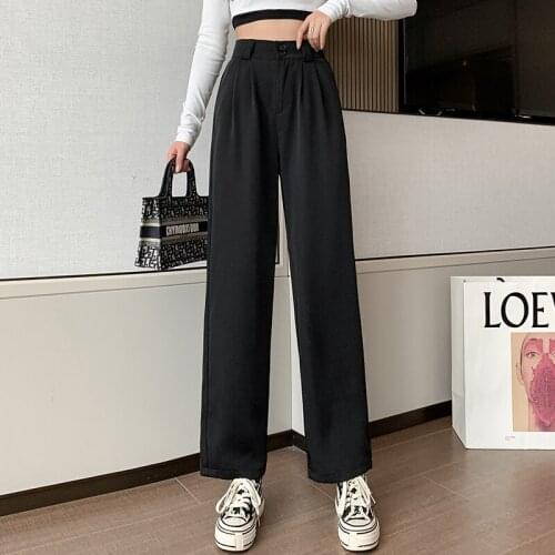 Fashion High Waist Solid Womens Suit Wide Leg Pants Office Lady Loose Straight Leg Pants Vintage