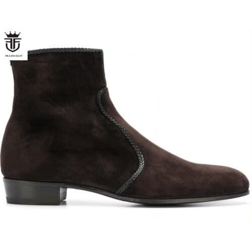 FR.LANCELOT 2020 New fashion embroidery men booties zip up Chelsea Boots Ankle Boots Men party shoes low top brown color booties