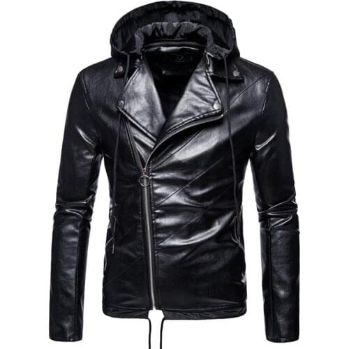 Men Slim Fit Leather Jackets Good Quality Men Detachable Hat PU Leather Jackets And Coats Diagonal zipper Leather Coats Size5XL