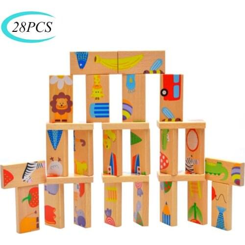 28PCS Wooden Domino Toys Early Learning Wooden Animal Domino Toys Set Shape Sorting Order Learning Educational Toys For Children