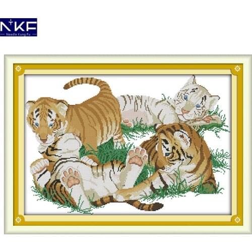 NKF Four Tigers Animal Cross Stitch Set Handmade Craft Needlework Cross-Stitch Embroidery Kit Cross Stitch for Home Decor