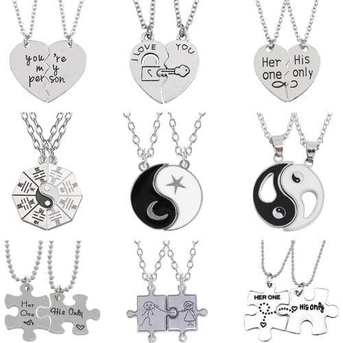 2 Pcs/Set Yin Yang Tai Chi Necklace For Couples Broken Heart Puzzle King Queen Pendant Necklaces Send Lovers Jewelry Gifts 2019