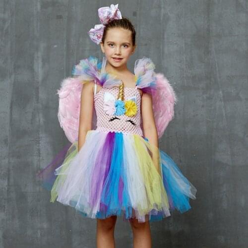 Princess Girls Flowers Unicorn Tutu Dress with Bows Wings Children Party Pageant Dress Children Unicorn Fancy Tutu Ball Gowns