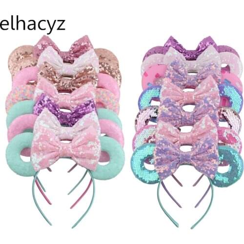 10pcs/lot 3.3" Mouse Ears Headband 5'' Glitter Sequins Bows Donuts Hairband For Women Girls Headwear DIY Hair Accessories