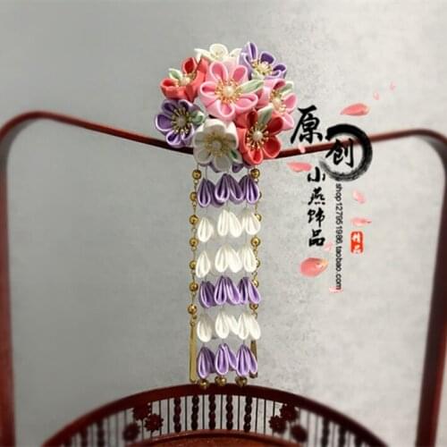 Purple Sakura Tsumami Zaiku Kanzashi HairPin Stick Kimono Hair Stick Hair Accessories Japanese Cute Flower Headdress Cosplay