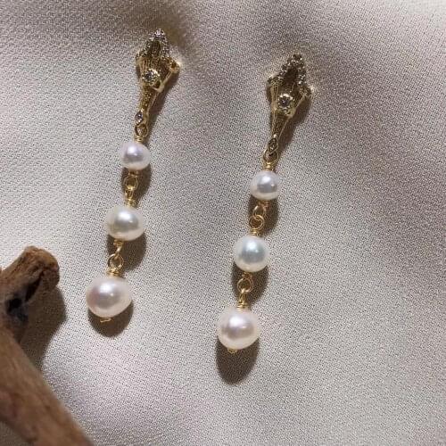 Handpicked White Round Freshwater Pearls Drop-Earrings,Three gradual size pearls women earrings for wedding decoration Jewelry