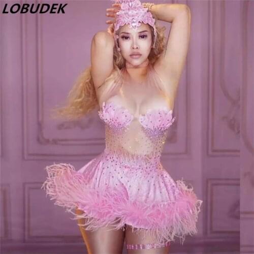 Bar Party Pink Feather Rhinestones Mini Short Dress Sexy DJ Nightclub Dancer Team Dance Costume Crystals Halter Sleeveless Dress