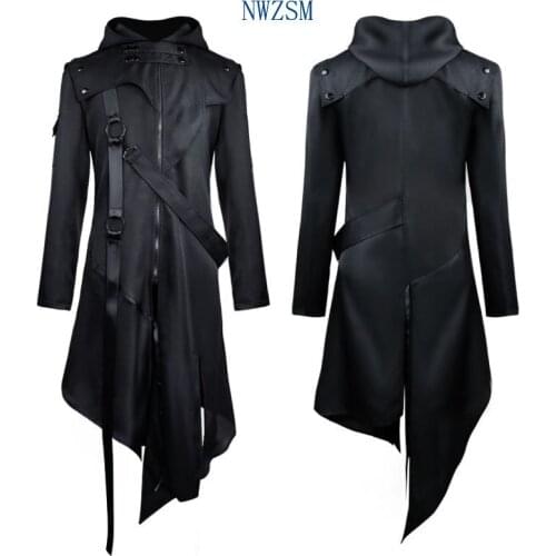 Vintage Gothic Steampunk Renaissance Man Jacket Medieval Autumn Hooded Zipper Coat Costume for Men Plus Size Black Strap Tuxedo