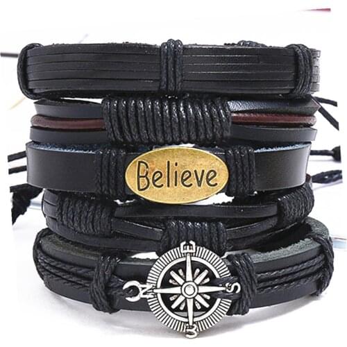 Believe Handmade Punk 5 pcs/set Vintage Multilayer Beads Rudder Leather Bracelets Men Bracelets Women Ethnic Tribal Wristbands
