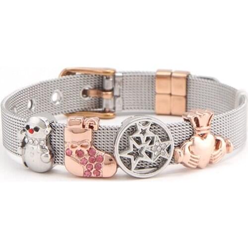 Somsoar Jewelry Stainless Steel Christmas Mesh Bracelet with Silvering & Rose Gold Slide Charms Two-tone Xmas Mesh Bracelet set