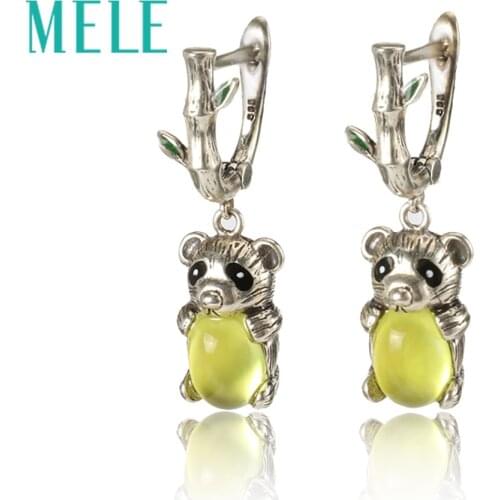 Yellow natural prehnite silver dangle earring for women and grils,cute animal Panda shape,fashion and fine jewelry
