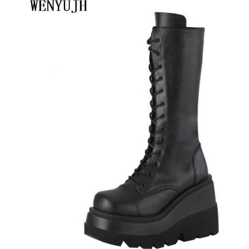 2021 New Punk Women Boots High Heels Gothic Style Platform Boots Wedges Shoes Fashion Buckle Ankle Boots Woman Shoes Big Size 43