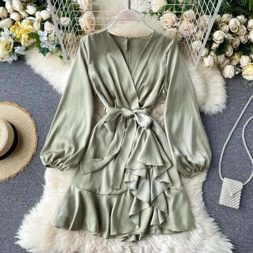 2020 Spring Autumn Sexy Dress Women V Neck Puff Sleeve Bandage Dresses Ladies Elegant Irregular Ruffles Party Dress Vestidos