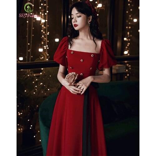 SSYFashion New Banquet Simple Elegant Evening Dress for Women Wine Red Boat Neck Long Formal Gowns Vestidos De Noche