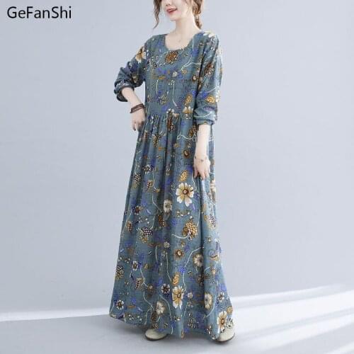 2021 New Spring Autumn Women Dress Loose Vintage Casual Print Cotton Long Sleeve O-Neck Dress Fashion Loose Elegant Dresses Robe