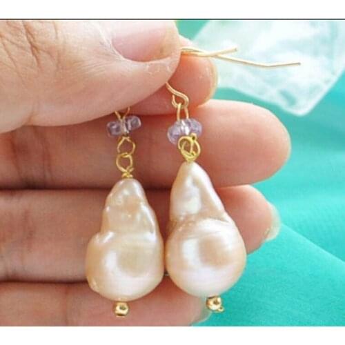 18mm baroque pink keshi reborn pearl faceted crystal dangle earring plated