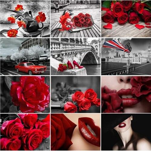 2020 New Landscape 5D Diamond Painting Rose Flower Diamond Embroidery Black And Red Mosaic Picture Of Rhinestone Home Decor Gift