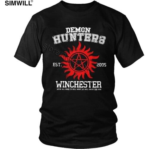 Bros Demon Hunters T-shirt Men Unique Short Sleeve Cotton T shirts Supernatural Winchester Brothers Slim Fit Leisure Tees Top