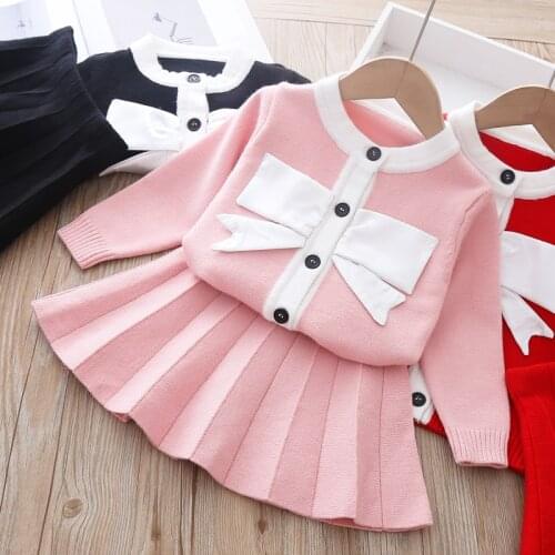 Baby Girls Sweet Autumn Knitted Dress Princess Set Bow Cardigan+Pleated Skirt Two Piece Suit Kids