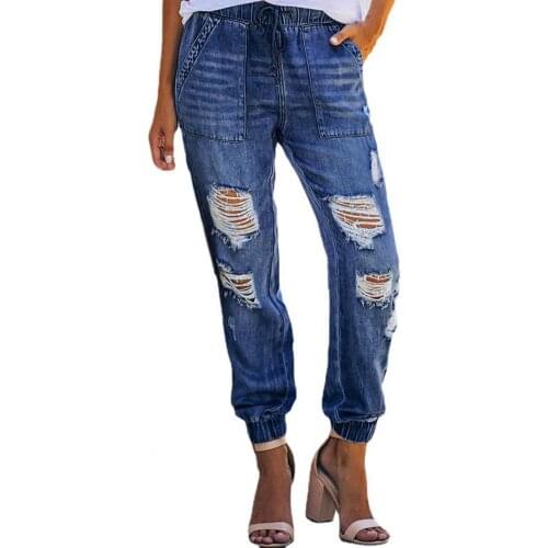 Jeans Women Fall Casual Ripped Pockets Elastic Harem Pants Solid Color Skin-friendly Women Jeans Ankle Banded Lady Pants 2XL