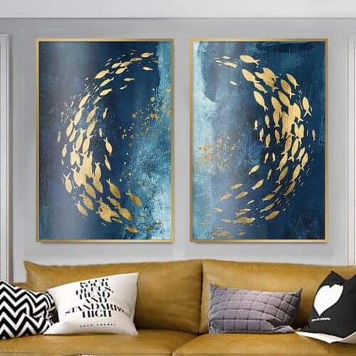 Golden Fish Blue Sea canvas printiings Poster Modern Abstract Nordic Animal Wall Art posters Home Decoration Wall Painting