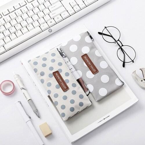 Kawaii Simple Grid Dot Canvas Pencil Bag Large Capacity Stationery Storage Organizer Pencil Case School Supply