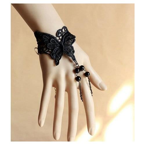 Fashion Retro Handmade Gothic Jewelry Butterfly Lace Simulated Pearl Chain Wrist Finger Bracelet Bangle For Women Free Shipping